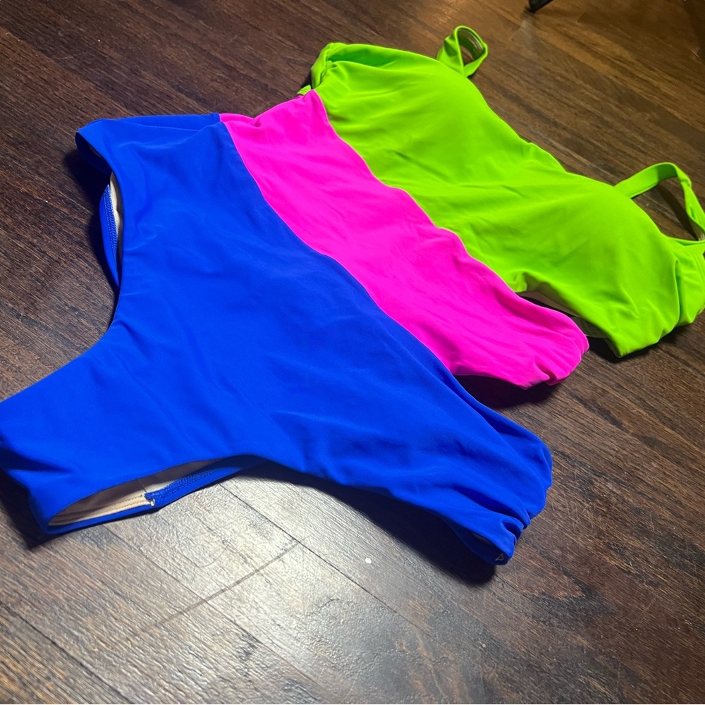 Swimsuits for All , size 12 lime hot pink and bright blue color block swimsuit - Picture 5 of 13